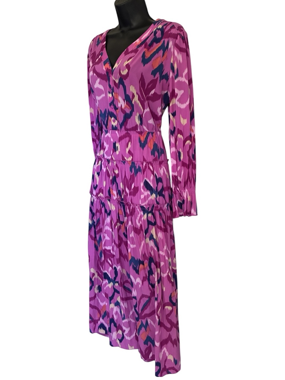 Chico's Fuchsia Pink Navy Ikat Resortwear Beach Tiered V-Neck Maxi Dress Sz 2P - Picture 3 of 12
